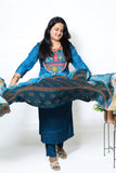 Royal Blue Muslin Kurta Set with Multicolor Embroidered Yoke & Dupatta