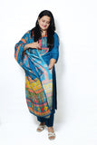 Royal Blue Muslin Kurta Set with Multicolor Embroidered Yoke & Dupatta