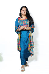 Royal Blue Muslin Kurta Set with Multicolor Embroidered Yoke & Dupatta