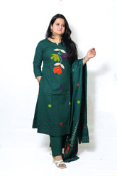 Beautifull bottle green A Line kurta with plazoo and cotton dupatta Applique work on the kurta