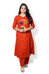 Beautiful rust orange A Line kurta with plazoo and cotton dupatta Applique work on the kurta