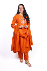 Rust orange mull chanderi A-Line suit with cotton lining