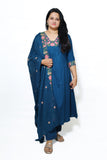 Teal Blue Embroidered Kurta cotton Set with Dupatta – Graceful Ethnic Ensemble