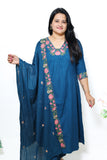 Teal Blue Embroidered Kurta cotton Set with Dupatta – Graceful Ethnic Ensemble