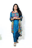 Royal Blue Muslin Kurta Set with Multicolor Embroidered Yoke & Dupatta