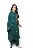 Beautifull bottle green  A Line kurta with plazoo and cotton dupatta  Applique work on the kurta