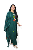 Beautifull bottle green  A Line kurta with plazoo and cotton dupatta  Applique work on the kurta