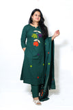 Beautifull bottle green  A Line kurta with plazoo and cotton dupatta  Applique work on the kurta