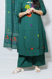 Beautifull bottle green  A Line kurta with plazoo and cotton dupatta  Applique work on the kurta