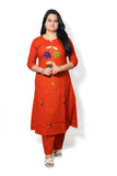 Beautiful rust orange A Line kurta with plazoo and cotton dupatta  Applique work on the kurta