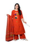 Beautiful rust orange A Line kurta with plazoo and cotton dupatta  Applique work on the kurta